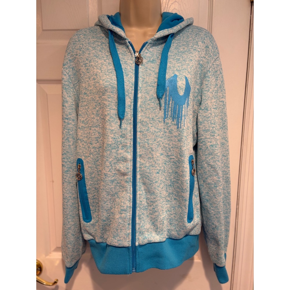 True Religion Womens XL Blue Space Dye Drip Horseshoe Full Zip Hoodie Sweatshirt